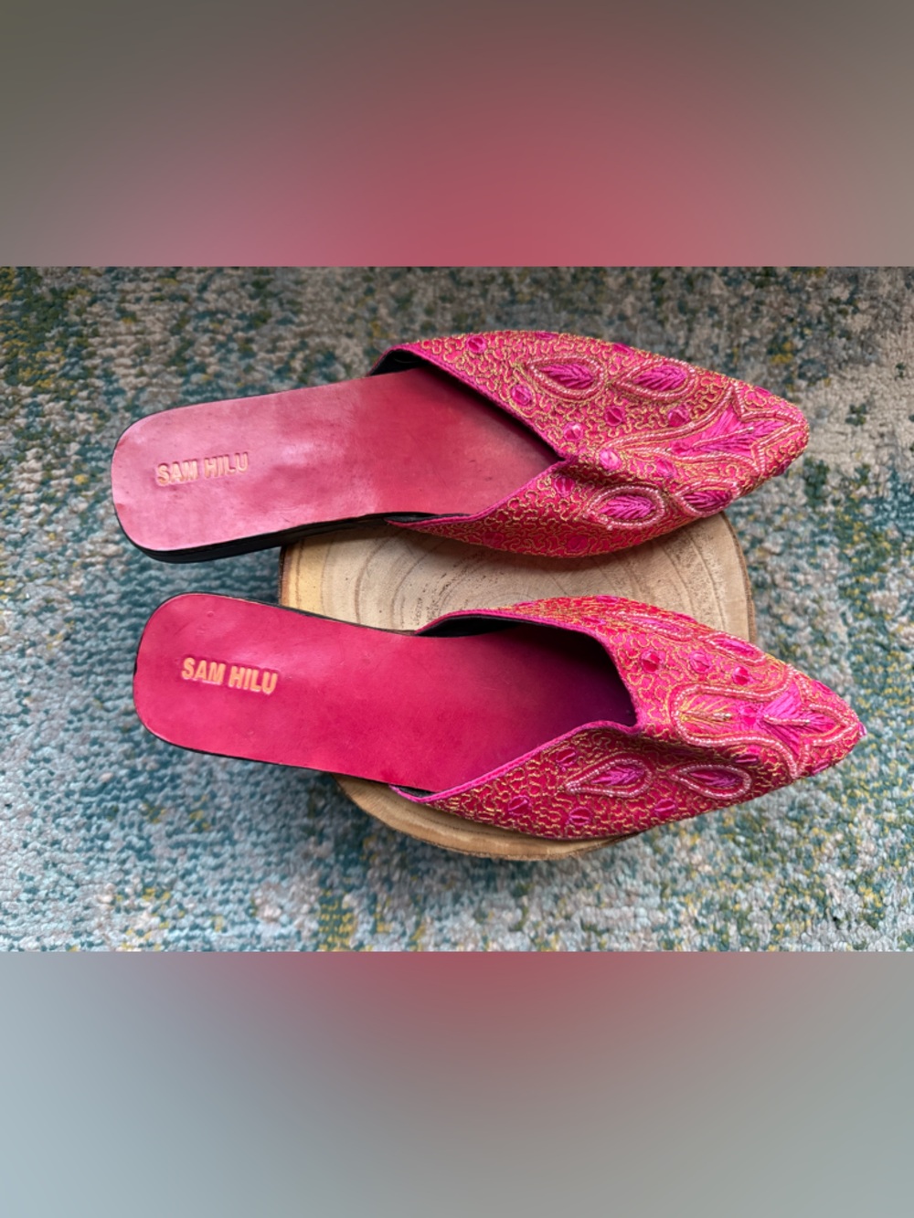 Sam Hilu pink beaded leather slip-on mule slides, size 8